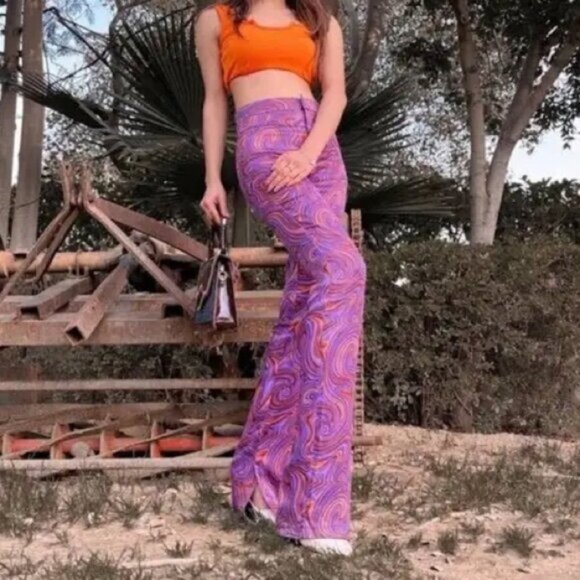 Zara Women Small Pants Purple Brown Swirl High Rise Retro Hippie Flared 60-70’s - Picture 2 of 12